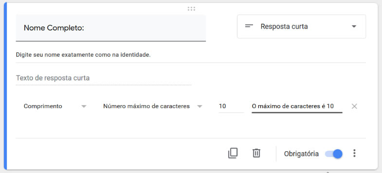 Validação de Comprimento - Google Forms