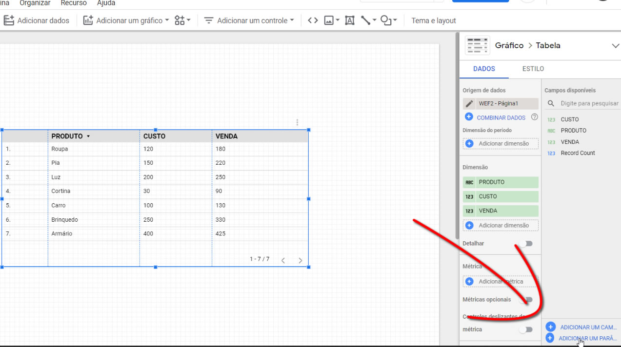 Adicionando Parâmetros com Google Data Studio