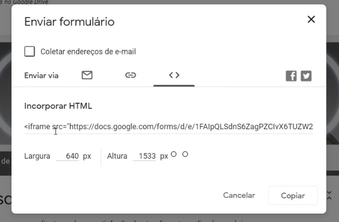 Google Forms - Compartilhamento por incorporação