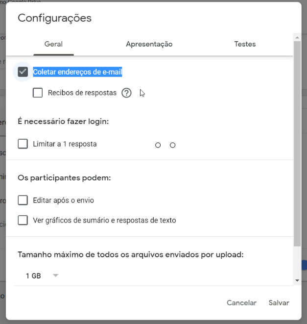 Configurações do Google Formulários