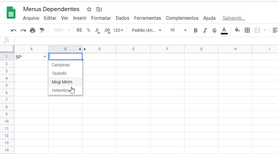 Menus relacionados no Google Spreadsheet