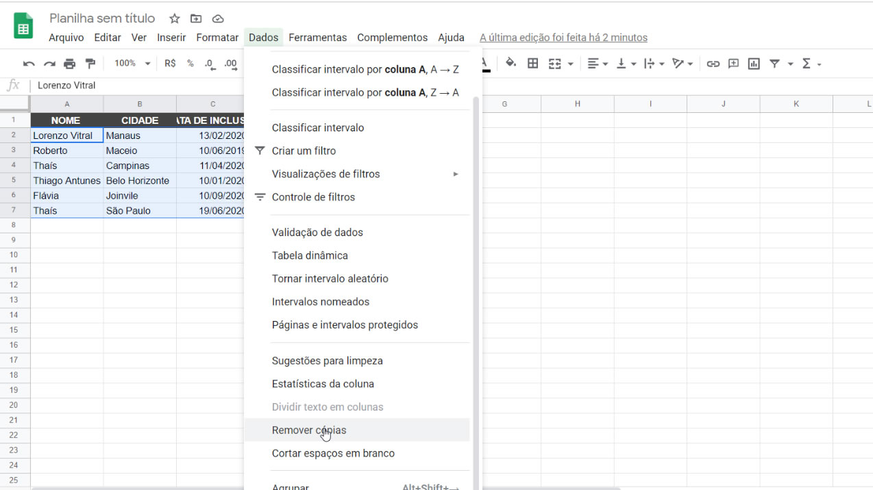 remover-copias-repetidas-pelo-menu-do-google-planilhas