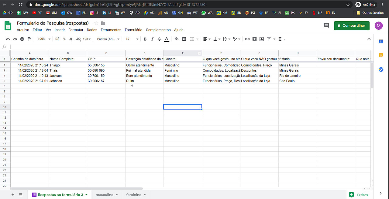 Respostas do Google Forms no Google Spreadsheet