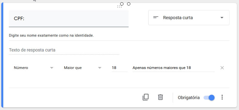 Validação de número - Google Forms